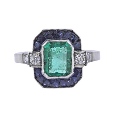 1.18ct Emerald Sapphire Diamond Platinum Ring