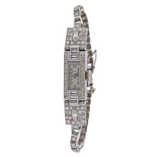 Art Deco Croton Diamond 14k Gold Platinum Lady&#39;s Watch 