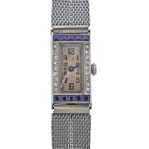 Art Deco Cresarrow 18k Gold Steel Sapphire Diamond Watch