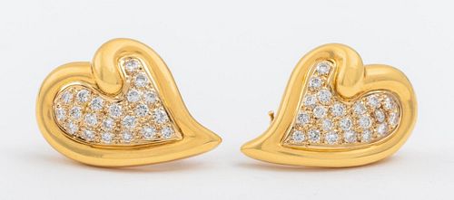 Vintage 18K Gold Diamond Heart Motif Clip Earrings