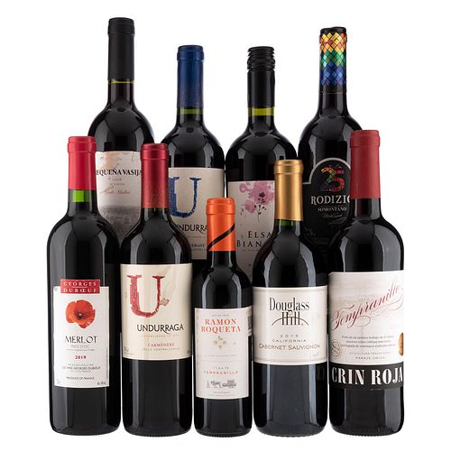 Lote de Vinos Tintos de Argentina, Chile, Estados Unidos, Francia y España. En presentaciones de 500 ml. y 750 ml. Total de piezas: 9.