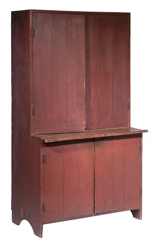 RED PAINTED PINE STEPBACK CUPBOARD, PROBABLY MAINE MADE