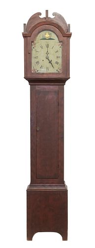 18TH C. RED PAINTED PINE GRANDFATHER CLOCK