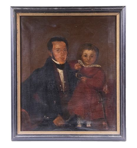 CIRCA 1820 AMERICAN NAIVE PORTRAIT OF FATHER AND SON