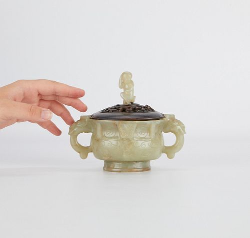 Antique Chinese Jade Censer w/ Bronze Lid
