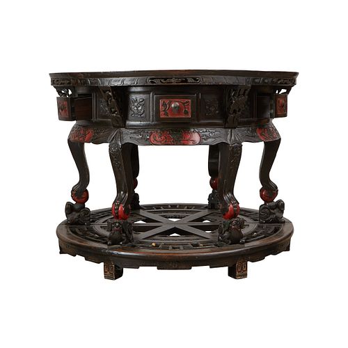 Chinese Round Carved Wood Table w/ Drawers 19th c.