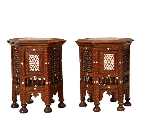 Pair Syrian Mother of Pearl Inlaid Side Tables