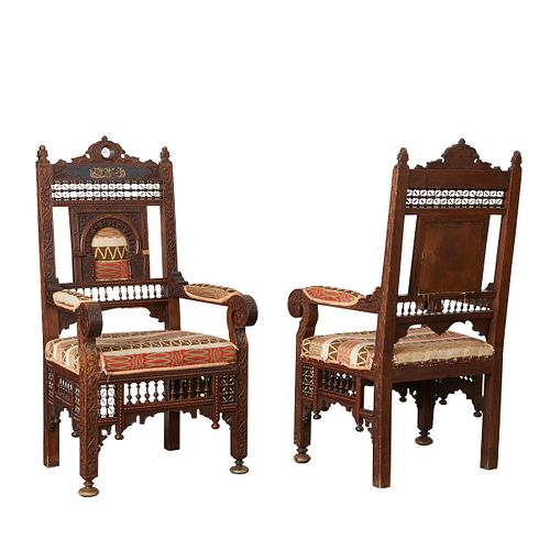 Pair of Syrian Carved Wooden Armchairs