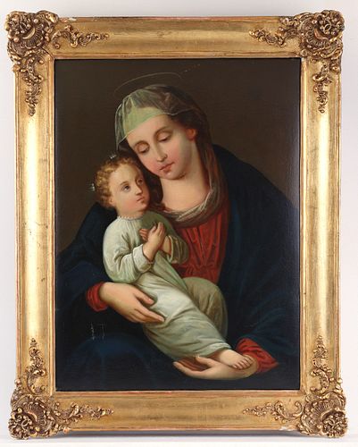 19th c. Madonna and Child Oil on Canvas