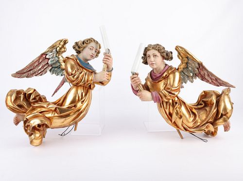 Pr Carved Polychrome Angels w/ Candles