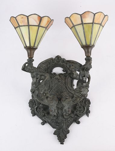 Bronze Wall Sconce w/ Angels and Leaded Glass