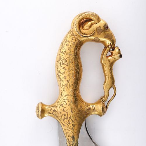 19th c. Mughal Handle w/ Ram's Head and Tiger
