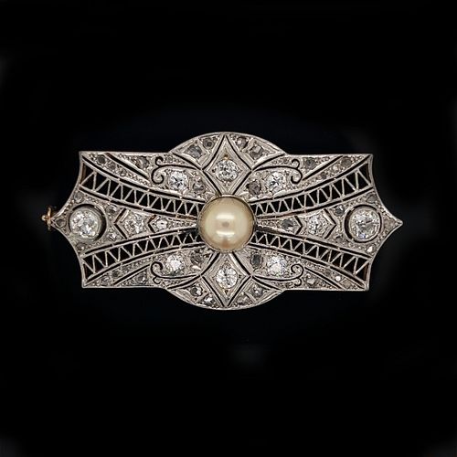 Art Deco Platinum and Gold Diamond Pearl Brooch