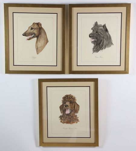 Group of Three G. Reggio French Watercolor Portrait of Dogs