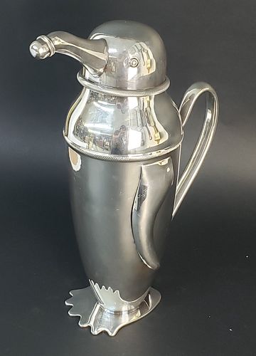 Large Vintage Art Deco Figural Silverplate Penguin Cocktail Shaker