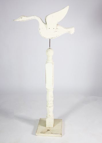 White Washed Carved Wood Flying Goose Pedestal Sculpture