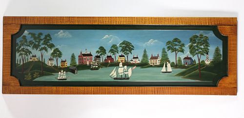 Folk Art Oil on Raised Panel "River Landscape"