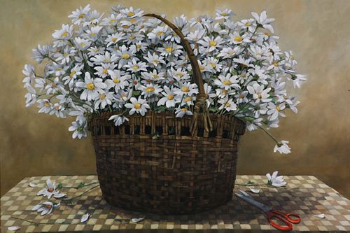 Roy Bailey Oil on Board "Table Top Basket Of Daisies"