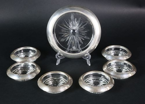 Set of Six Sterling Silver and Crystal Coasters with One Additional Coaster
