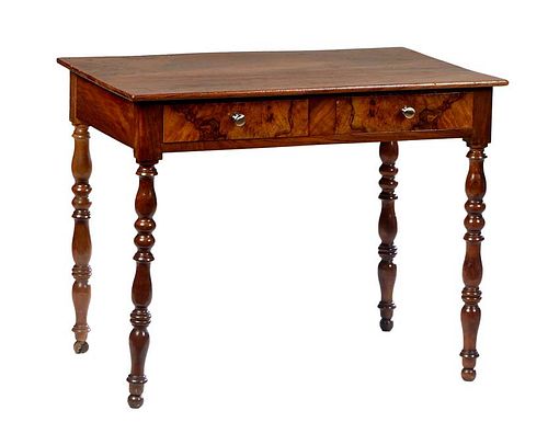 French Provincial Louis Philippe Carved Cherry Writing Table, 19th c., the rectangular top over two frieze drawers, on turned tapered cylindrical legs