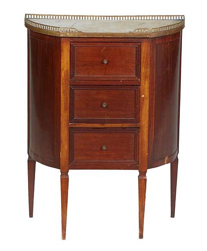 French Louis XVI Style Carved Walnut Marble Top Commode, 20th c., the brass galleried demilune figured white marble top over a bank of three drawers, 