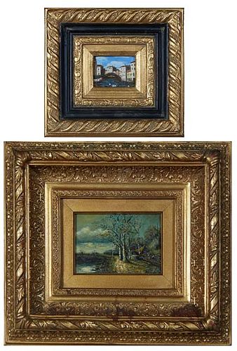 Pair of Small Paintings, Renate Bell (1939-2019, Texas/Oklahoma), "Countryside Scene," and Continental School, "View of a Venice Canal," 20th c., pair