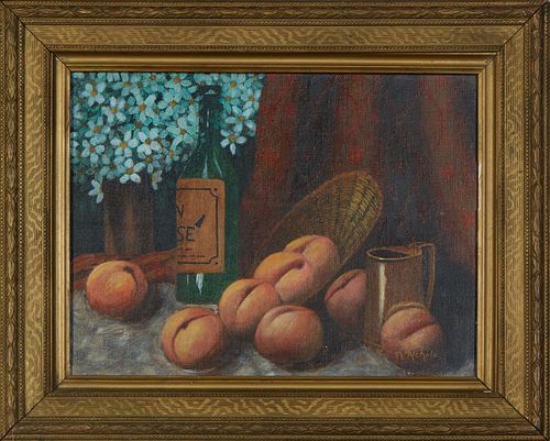 Fae P. Nichols (American), "Still Life with Peaches," 1983, acrylic on canvas board, signed lower right, signed and dated en verso, presented in a gil