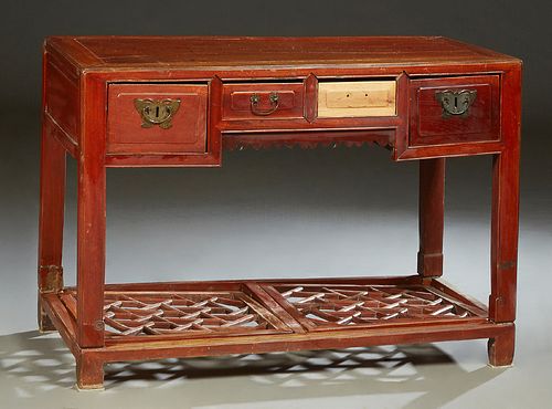 Chinese Carved Mahogany Console Table, Side Table, early 20th c., the rectangular top over two central frieze drawers flanked by two deep frieze drawe