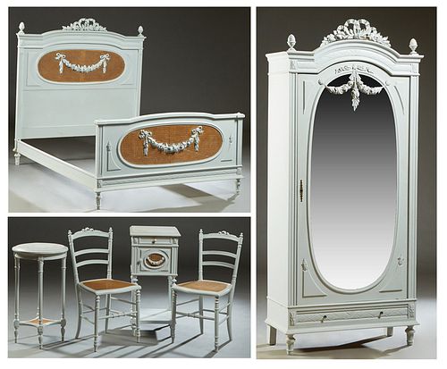 French Louis XVI Style Polychromed Beech Bedroom Suite, early 20th c., consisting of a cane inset double bed; a single mirror door armoire; a pair of 
