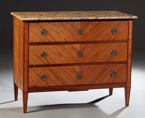 French Louis XVI Style Crotched Mahogany Marble Top Commode, 20th c., the ogee edge ocher Breche d'Alpes marble over three deep drawers flanked by inl