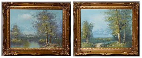 Chinese School, Pair of Landscapes, oil on canvas, one signed indistinctly lower right, each presented in gilt frames, H.- 11 1/2 in., W.- 15 3/8 in.,