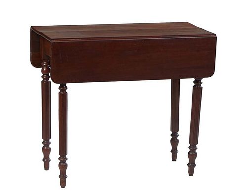 French Louis Philippe Carved Walnut Drop Leaf Tea Table, 19th c., the rounded edge leaves over a wide skirt, on turned tapered reeded cylindrical legs