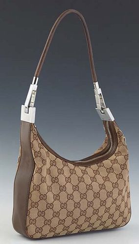 Gucci Small Hobo Shoulder Bag, in beige monogram canvas with brown leather accents and silver hardware, opening to a grey canvas lined interior with a