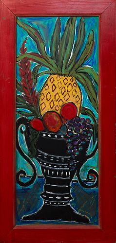 Sharon H. Mulligan (Louisiana/Mississippi), "Still Life with Pineapple," late 20th c., oil on board, signed lower right, signed en verso, presented in