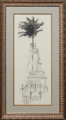 Continental School, "Monument of Josephine at Alba," early 20th c., ink drawing on paper, initialed "A.B." lower left of fence, presented in a gilt fr