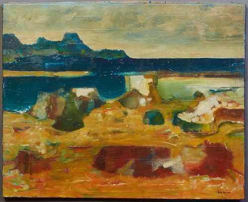 James Ness, "Abstract Landscape," 1966, oil on canvas, signed and dated lower right, unframed, H.- 22 in., W.- 27 1/8 in. Provenance: From the Estate 