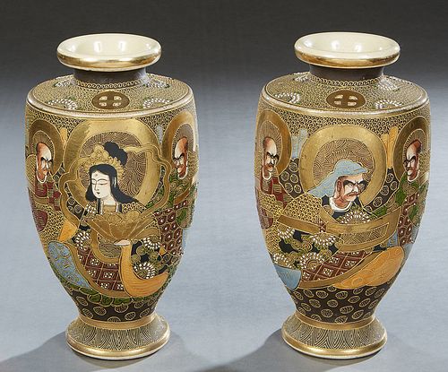 Pair of Satsuma Baluster Earthenware Vases, c. 1900, of tapering form, with gilt and moriage figural decoration, H.- 12 in., Dia. 6 1/2 in.