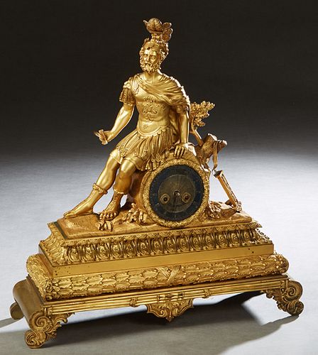 Continental Gilt Bronze Figural Mantel Clock, 19th c., with a seated figure of a classical warrior, perhaps Menelaus, leaning on a time and strike dru