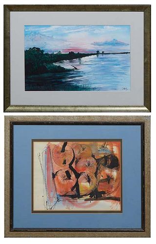 Two Mixed Media Paintings, Shelly Hesse (New Orleans), "Marsh Landscape with Bird," 20th c., watercolor and acrylic on paper, signed in ink lower righ
