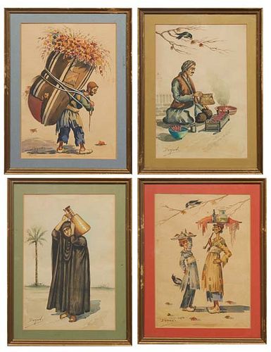 Demon Studio (Arthur Hayrapetian Studio), "Iranian Street Vendors," c. 1943, group of four watercolors, signed "Demon" lower left, presented in matchi