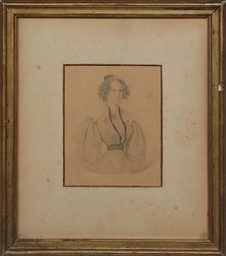 British School, "Portrait of a Young Lady," c. 1821, drawing on paper, signed illegibly and dated "1821" lower right in pencil, presented in a beige m