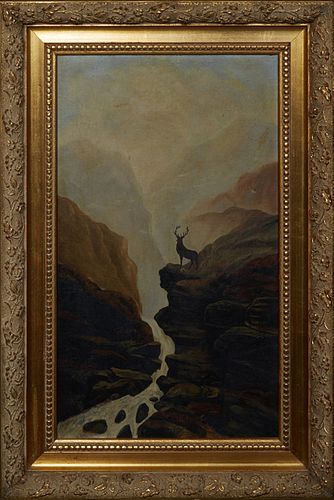 American School, "Stag in a Mountain Landscape," early 20th c., oil on canvas, signed indistinctly lower right, presented in a gilt frame, H.- 23 1/2 