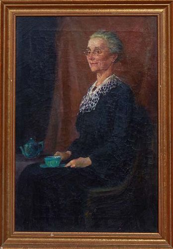 American School, "Older Lady Drinking Tea," 20th c., oil on canvas, unsigned, presented in a gilt frame, H.- 20 1/4 in., W.- 13 1/4 in., Framed H.- 23