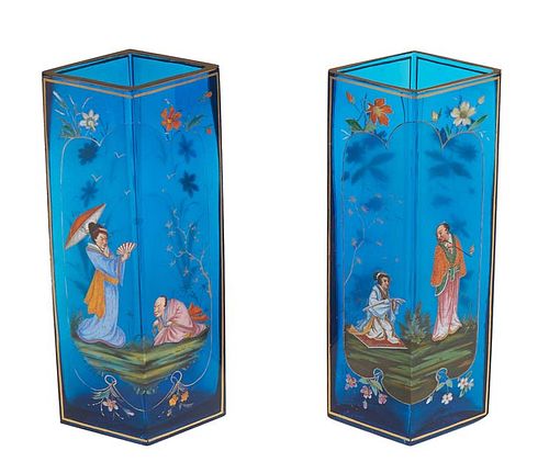 Unusual Pair of Diamond Shaped Moser Blue Glass Vases, 19th c., with hand painted gilt and enamel floral and Chinese figural decorations, unsigned, H.