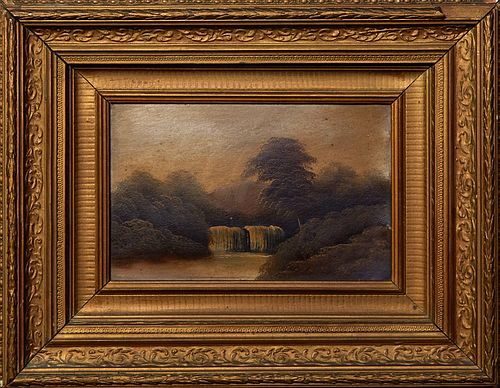 American School, "Waterfall," 20th c., oil on paper board laid to panel, unsigned, presented in a gilt frame, H.- 7 1/2 in., W.- 11 1/2 in., Framed- H