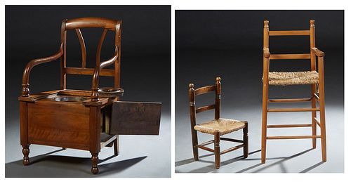 Group of Three Chairs, consisting of an Unusual French Provincial Carved Walnut Commode Chair, late 19th c., the canted arched back with two curved ve