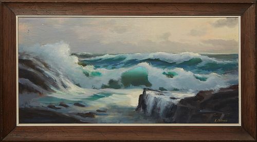Artie McKenzie (1957-, American), "Crashing Waves," 21st c., oil on canvas, signed lower right, presented in a wood frame, H.- 23 1/4 in., W.- 47 1/2 