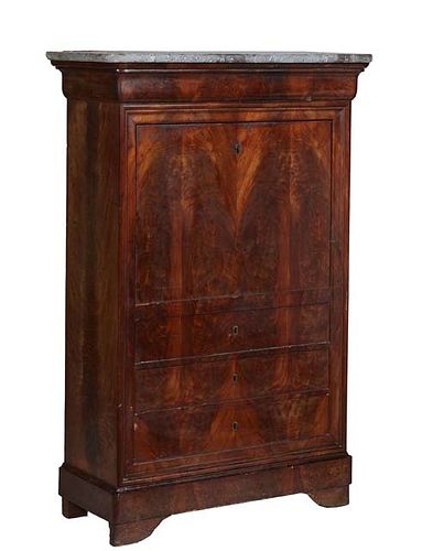 French Louis Philippe Carved Walnut Marble Top Secretary Abattant, 19th c., the rounded corner highly figured gray marble over a cavetto frieze drawer