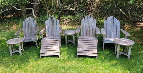 Four Kingsley Bates Teakwood Adirondack Chairs, Two Ottomans, Three Tables