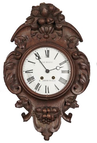 Felix Bidet wall clock Felix Bidet carved wood hanging wall clock, with chime, carved grape and vine motif, paper face with Roman numerals not tested 
